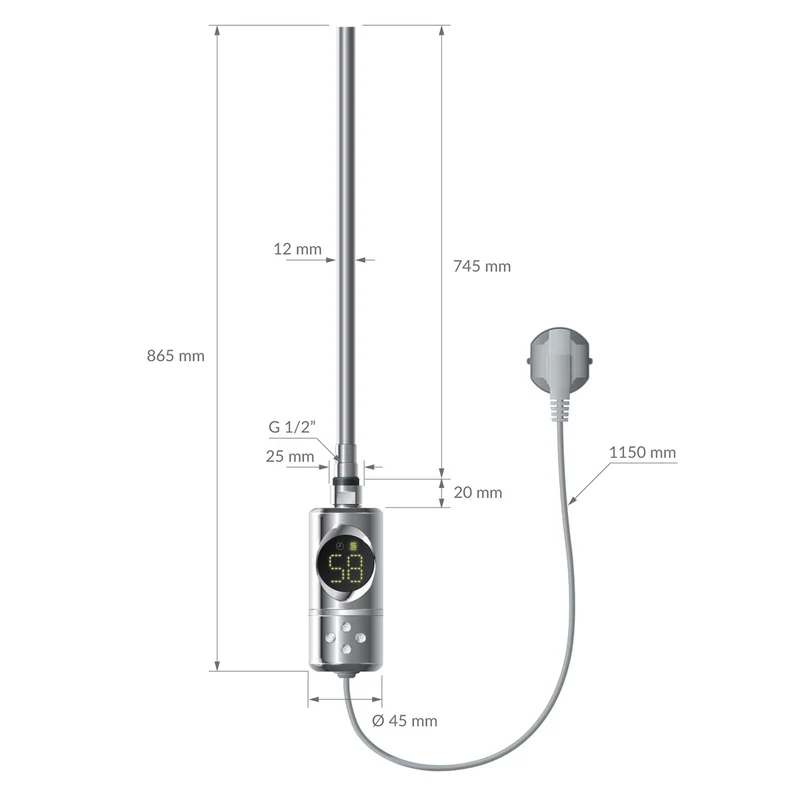Elektrischer Badheizkörper mit Heizstab 900W 500x1200 mm Chrome gebogen Seitenanschluss & Thermostat LuxeBath