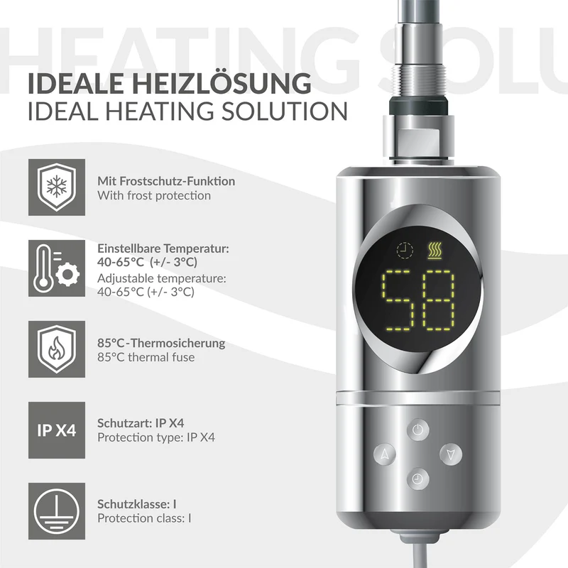 Elektrischer Badheizkörper mit Heizstab 900W 500x1200 mm Chrome gebogen Seitenanschluss & Thermostat LuxeBath