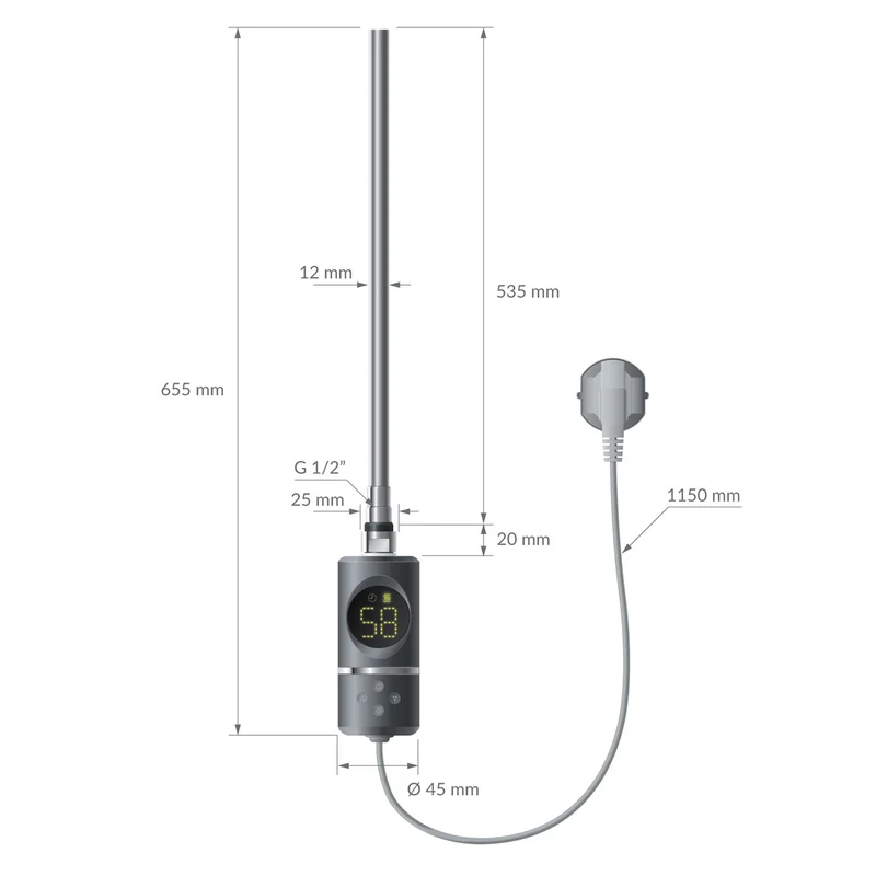 Elektrischer Badheizkörper mit Heizstab 600W 400x800 mm Anthrazit gerade mit Seitenanschluss & Thermostat Digitalanzeige LuxeBath
