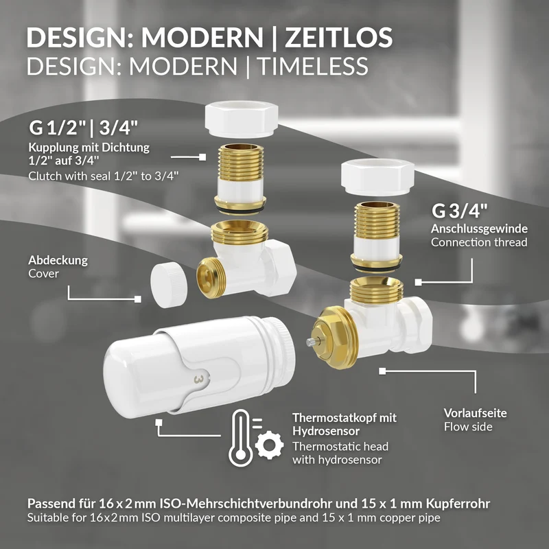 Badheizkörper 500x1600 mm Weiß gerade, Seitenanschluss, mit integriertem Thermostatventil LuxeBath