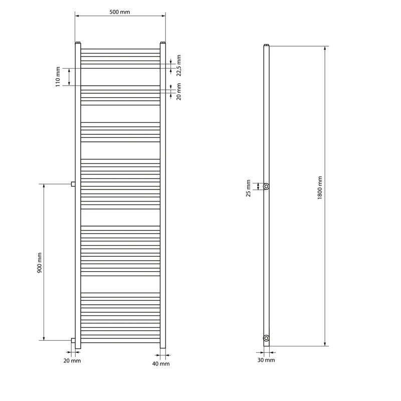Badheizkörper 500x1800 mm Weiß gerade mit Seitenanschluss LuxeBath