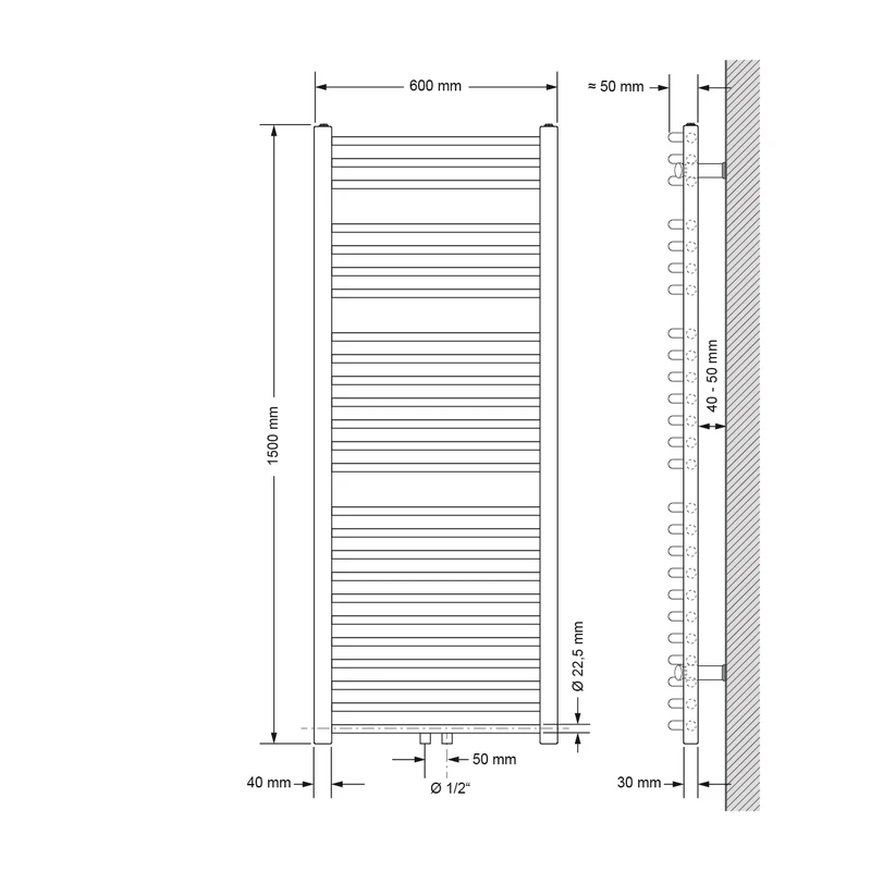 Badheizkörper Sahara 600x1500 mm Weiß gebogen mit Mittelanschluss und Universale Anschlussgarnitur