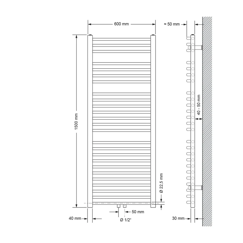 Badheizkörper Sahara 600x1500 mm Weiß gebogen mit Mittelanschluss