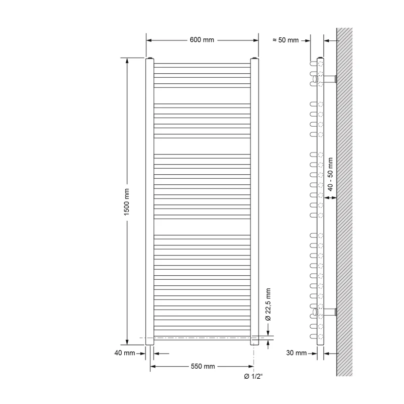 Badheizkörper Sahara 600x1500 mm Weiß gebogen mit Seitenanschluss LuxeBath