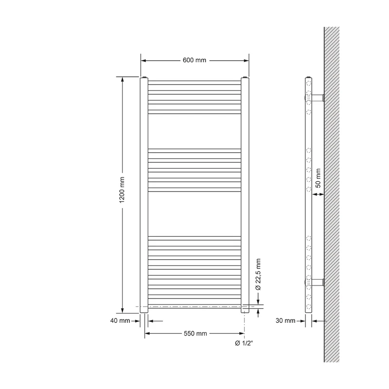 Elektrischer Badheizkörper mit Heizstab 900W 600x1200 mm Anthrazit gerade mit Seitenanschluss & Thermostat Touchbedienung LuxeBath