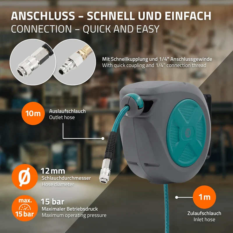 ECD Germany | Druckluft Schlauchtrommel Automatik 10/15/20/30 m 1/4" Anschluss für Wandmontage