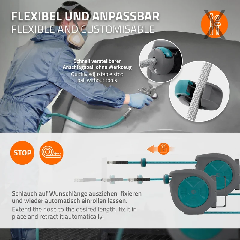 ECD Germany | Druckluft Schlauchtrommel Automatik 10/15/20/30 m 1/4" Anschluss für Wandmontage