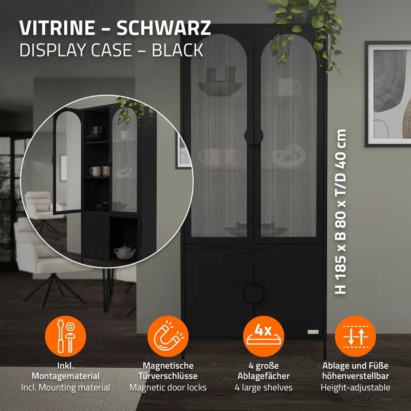 ML-Design | Vitrinenschrank mit 4 Ablage-/Regalfächer & 4 Türen 80x185x40 cm, aus Stahl, Vitrine Büroschrank