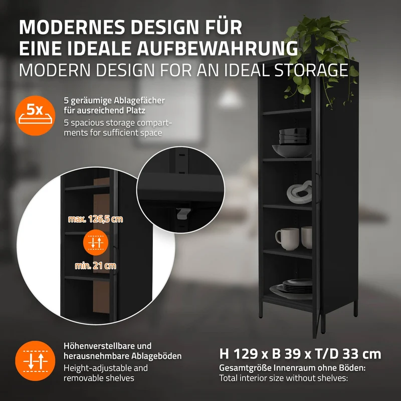ML-Design | Vitrinenschrank mit 4 Einlegeböden 45x145x35 cm, aus Stahl, Vitrine Büroschrank