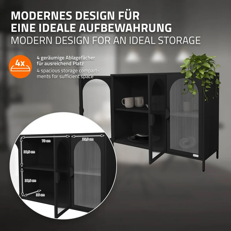 ML-Design | Vitrinenschrank mit 4 Ablage-/Regalfächer 120x93x40 cm, Vitrine aus Stahl