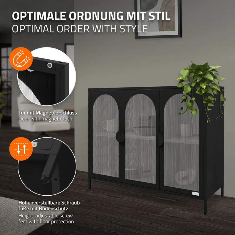 ML-Design | Vitrinenschrank mit 4 Ablage-/Regalfächer 120x93x40 cm, Vitrine aus Stahl