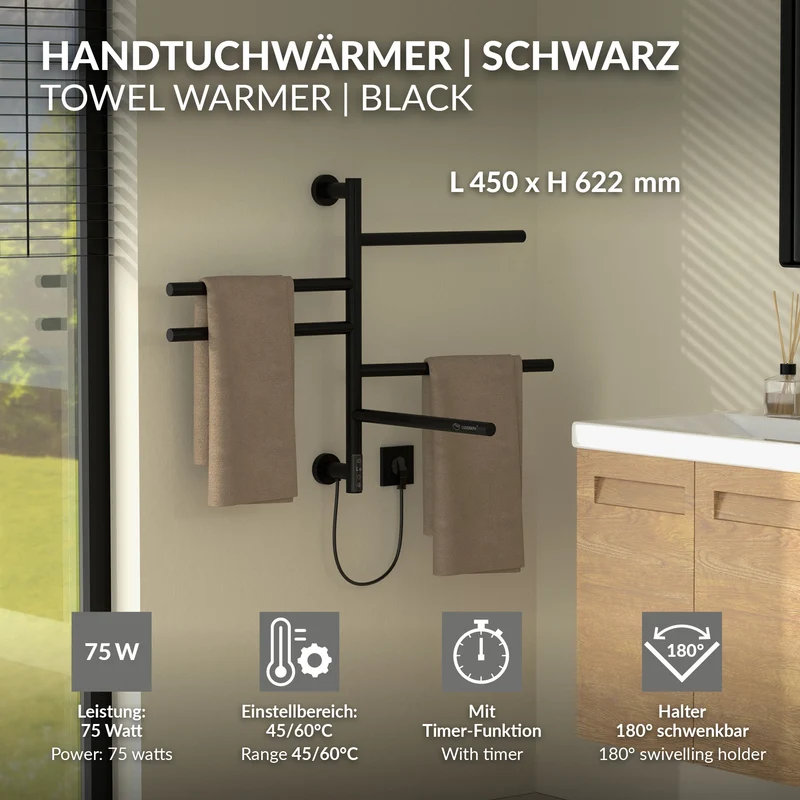 LuxeBath | Handtuchwärmer Elektrisch 450x622 mm mit 5 schwenkbaren Armen & Timerfunktion, 75W Handtuchheizkörper
