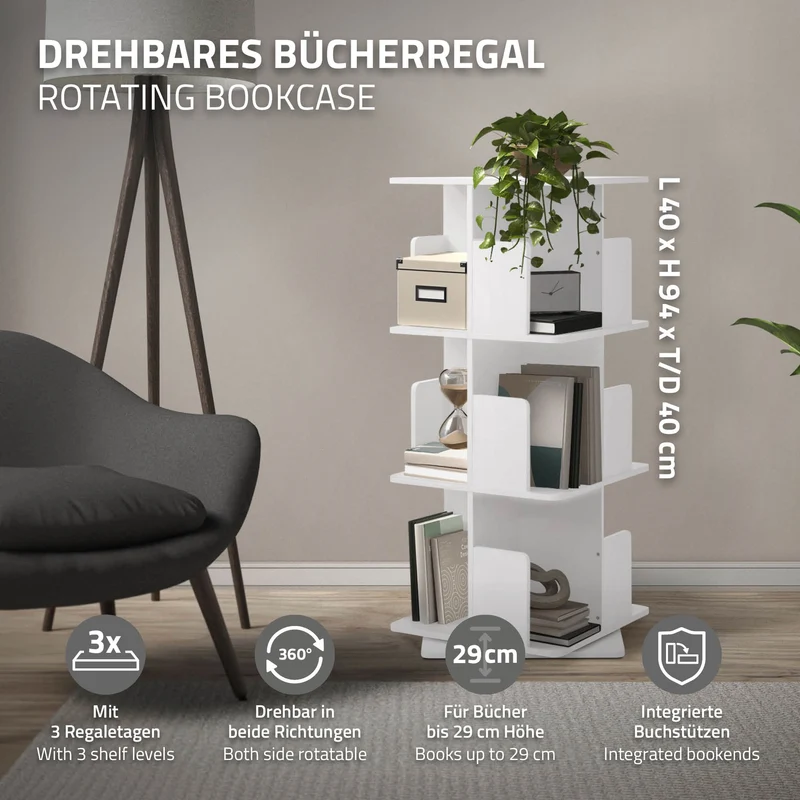 ML-Design | Bücherregal 360° drehbare mit Ebenen & Fächern, freistehend Standregal