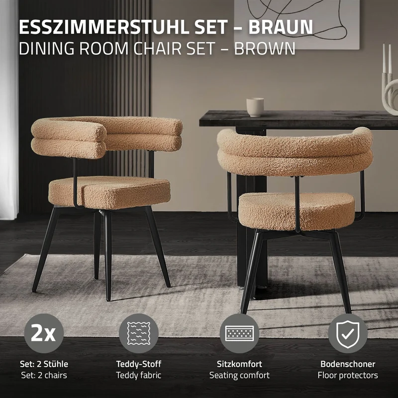 ML-Design | Esszimmerstühle Set 360° drehbar mit Armlehnen und Rückenlehnen, 63x55x75 cm in Teddy-Stoff, Küchenstuhl