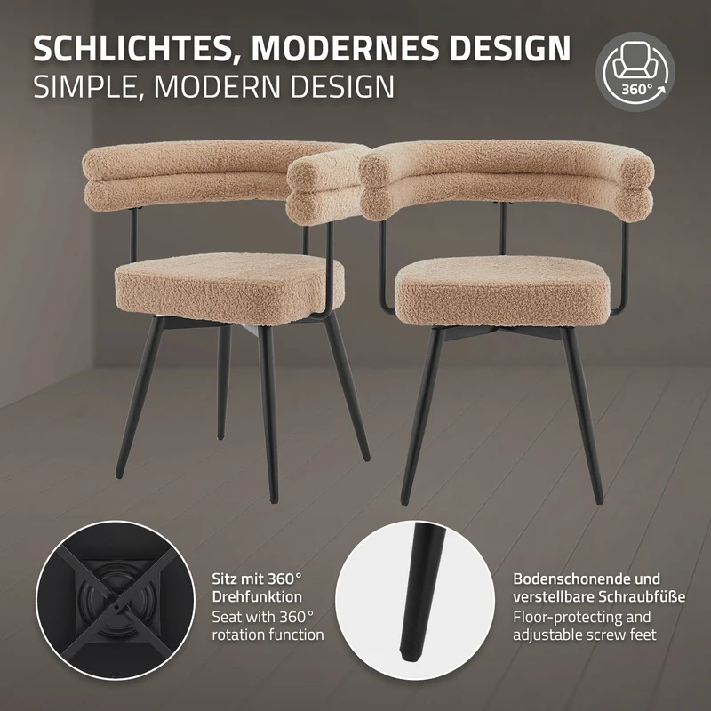 ML-Design | Esszimmerstühle Set 360° drehbar mit Armlehnen und Rückenlehnen, 63x55x75 cm in Teddy-Stoff, Küchenstuhl