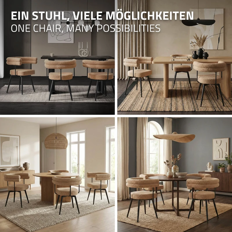 ML-Design | Esszimmerstühle Set 360° drehbar mit Armlehnen und Rückenlehnen, 63x55x75 cm in Teddy-Stoff, Küchenstuhl