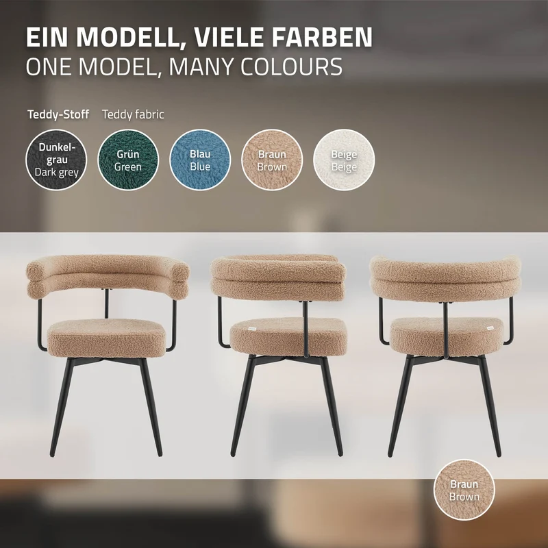ML-Design | Esszimmerstühle Set 360° drehbar mit Armlehnen und Rückenlehnen, 63x55x75 cm in Teddy-Stoff, Küchenstuhl