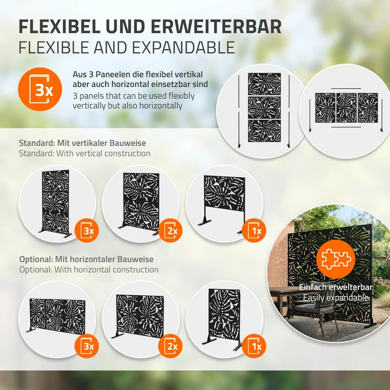 ML-Design | Metall-Sichtschutz mit Ständer, 3 Paneele erweiterbar, Schwarz aus Stahl, Raumteiler Trennwand