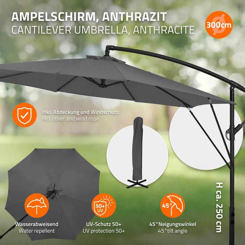 ML-Design | Ampelschirm mit Kurbel, Abdeckung & Ständer, 360°, Ø 300 cm, aus Aluminium, Rund Sonnenschirm mit/ohne LED