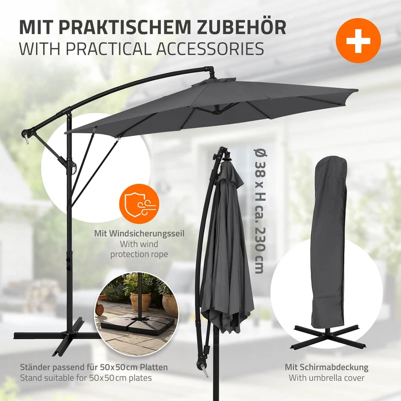 ML-Design | Ampelschirm mit Kurbel, Abdeckung & Ständer, 360°, Ø 300 cm, aus Aluminium, Rund Sonnenschirm mit/ohne LED