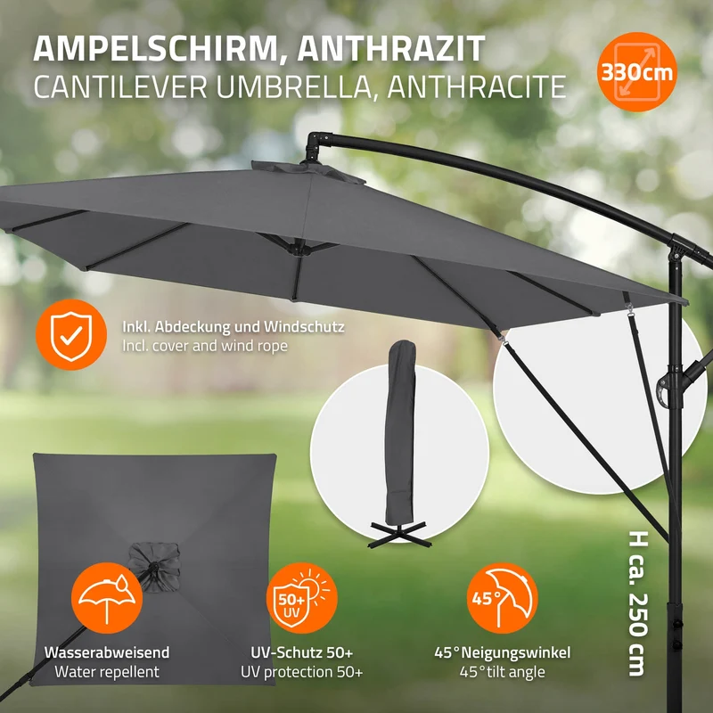 ML-Design | Ampelschirm mit Kurbel, Abdeckung & Ständer, 360°, Ø 330 cm, aus Aluminium, Rechteckig Sonnenschirm mit/ohne LED