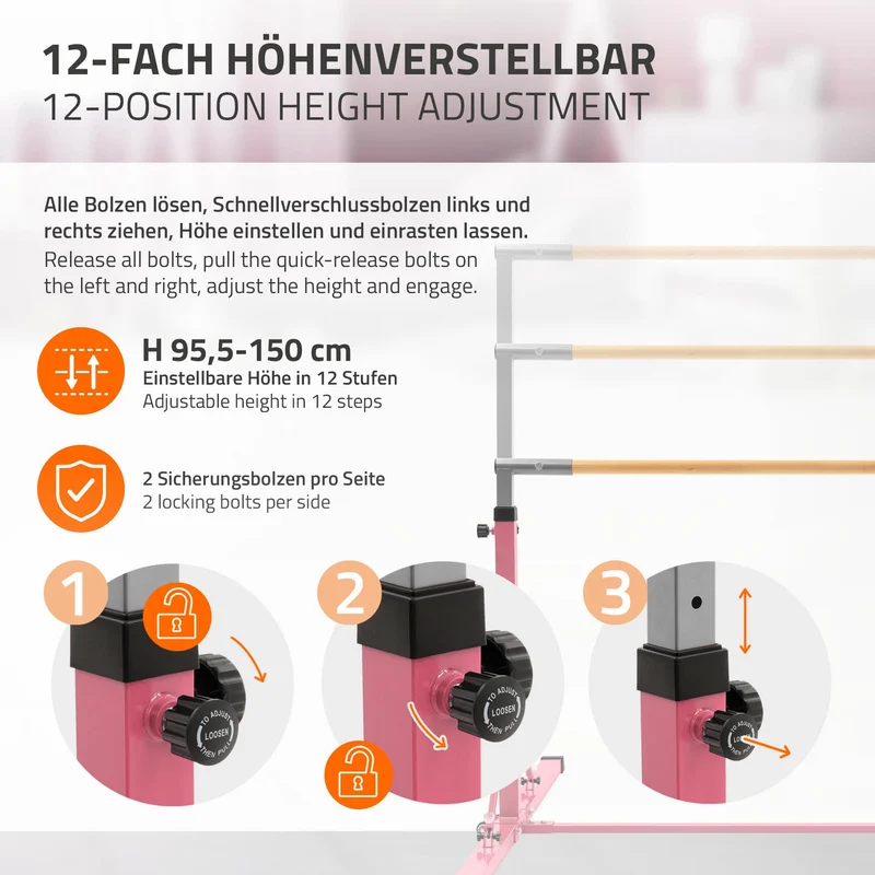 HAUKI | Gymnastik Turnreck faltbar, höhenverstellbar, 95,5-150 cm, Gymnastikstange für Kinder, Reckstange