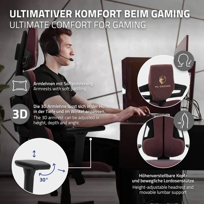ML-Design | Gaming Stuhl mit Armlehne, Kopfstütze und Lordosenstütze, 68 x 135–142 x 69 cm, aus Stoff