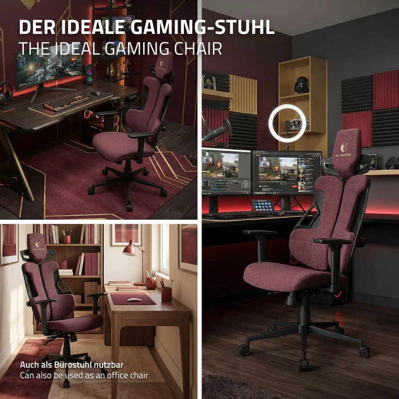 ML-Design | Gaming Stuhl mit Armlehne, Kopfstütze und Lordosenstütze, 68 x 135–142 x 69 cm, aus Stoff