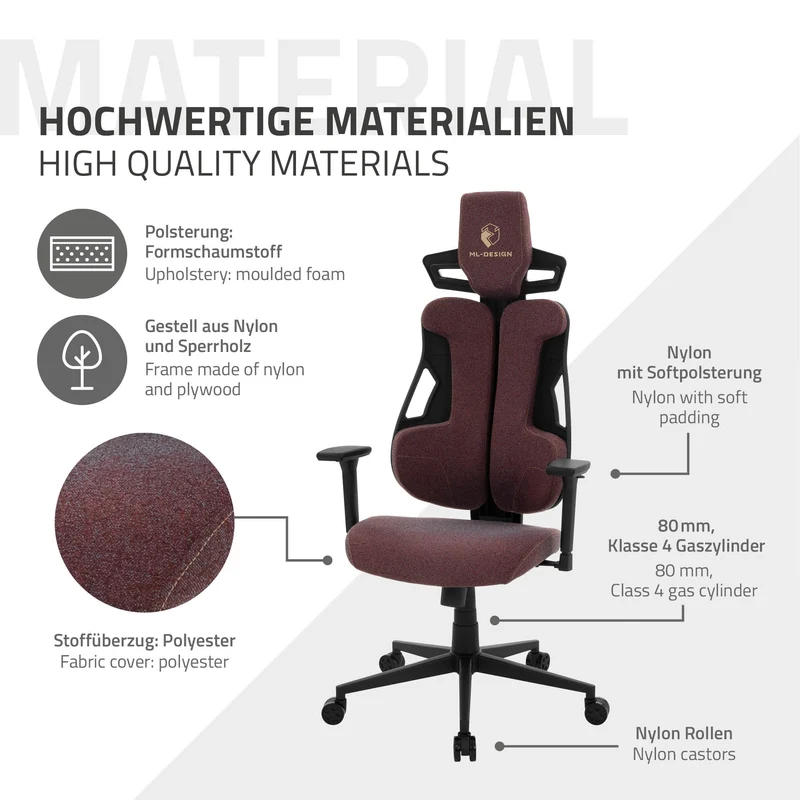 ML-Design | Gaming Stuhl mit Armlehne, Kopfstütze und Lordosenstütze, 68 x 135–142 x 69 cm, aus Stoff