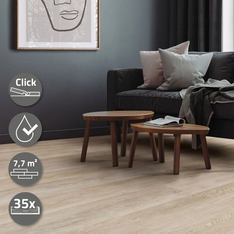 5er Set PVC Vinylboden Bodenbelag 7 Dielen 4,2mm für 1,54m² mit Klick-System Eiche Afterglow ML-Design