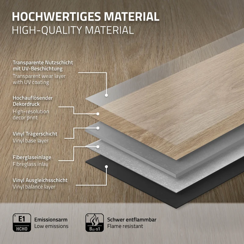 5er Set PVC Vinylboden Bodenbelag 7 Dielen 4,2mm für 1,54m² mit Klick-System Eiche Golden Hour ML-Design