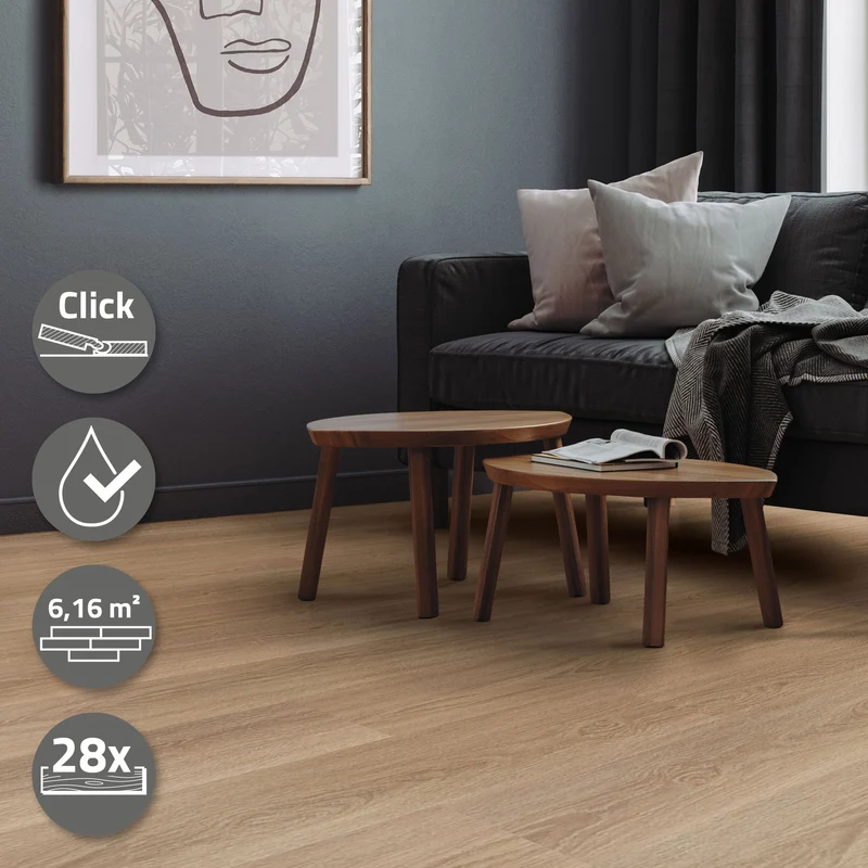 4er Set PVC Vinylboden Bodenbelag 7 Dielen 4,2mm für 1,54m² mit Klick-System Eiche Golden Hour ML-Design