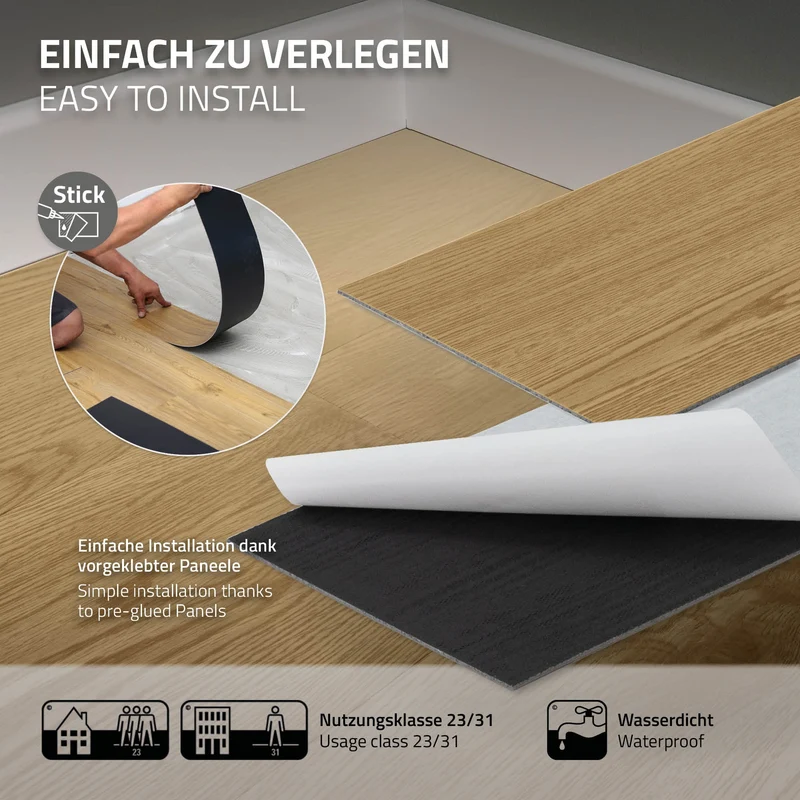 5x Deluxe PVC Klebevinylboden für 2,23 m² Natur Eiche 2 mm dick ML-Design