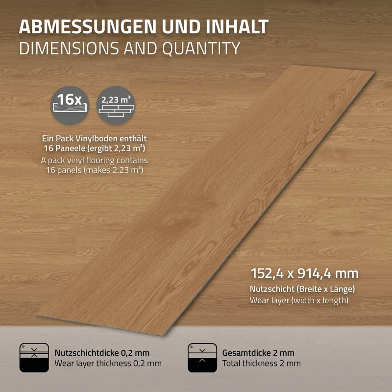 3x Deluxe PVC Klebevinylboden für 2,23 m² Eiche Sundance 2 mm dick ML-Design