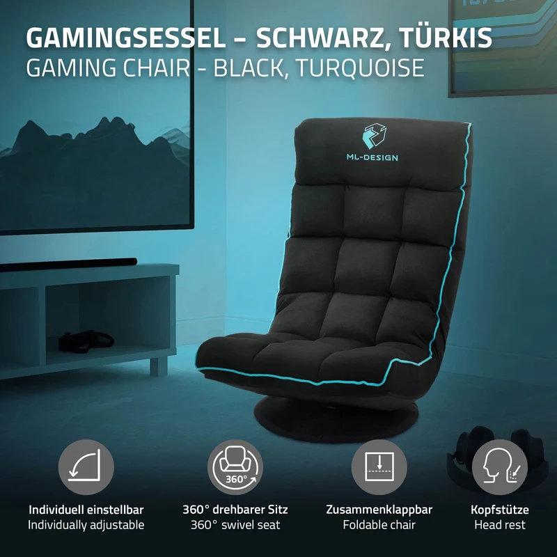ML-Design | Gaming Bodenstuhl mit Kopfstütze 360° drehbar, 56 x 85 x 92 cm, Gaming Sessel