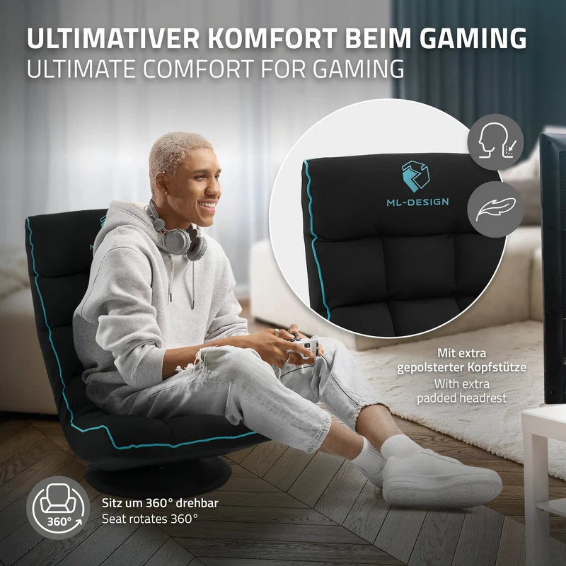 ML-Design | Gaming Bodenstuhl mit Kopfstütze 360° drehbar, 56 x 85 x 92 cm, Gaming Sessel