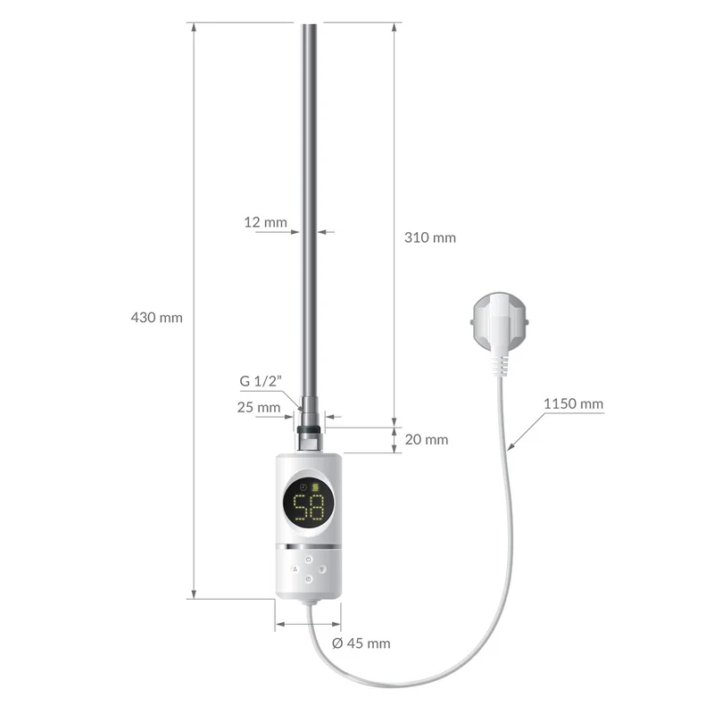 Elektrischer Badheizkörper mit Heizstab 300W 300x800 mm Weiß gerade Seitenanschluss & Thermostat Digitalanzeige LuxeBath