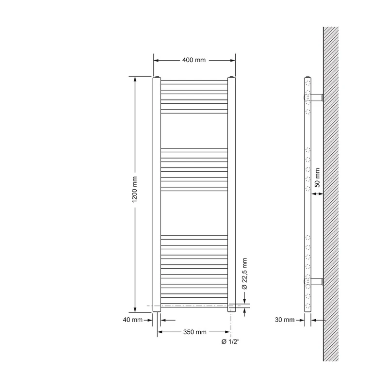 Elektrischer Badheizkörper mit Heizstab 900W 400x1200 mm Weiß gerade Seitenanschluss & Thermostat Digitalanzeige LuxeBath