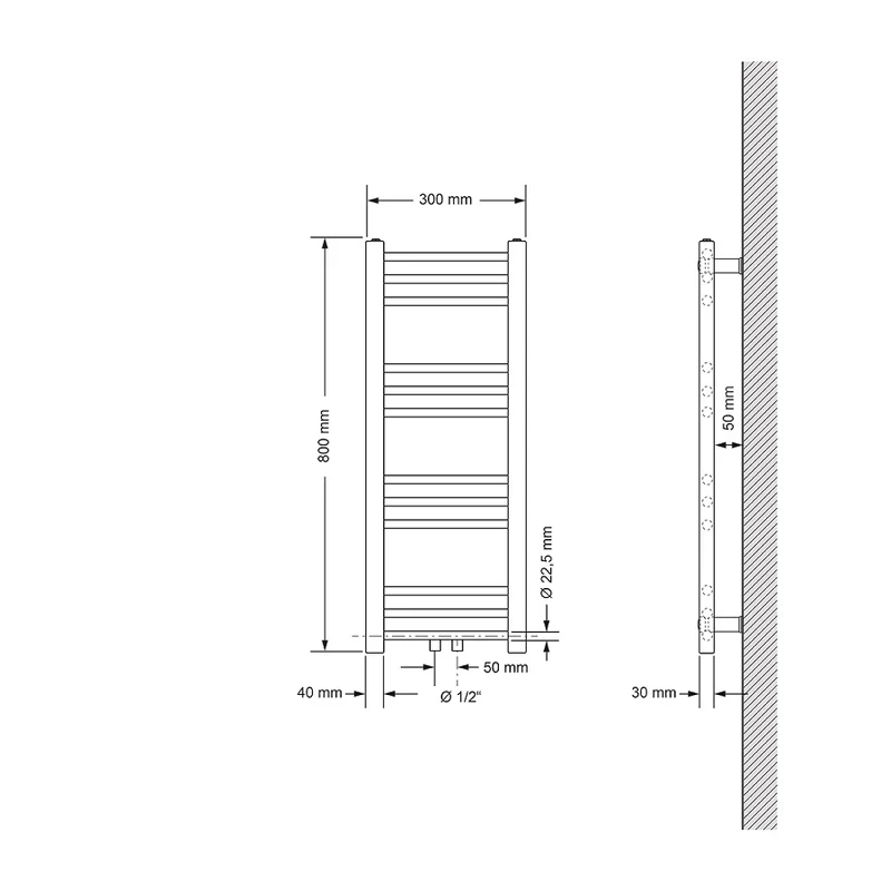 Badheizkörper Mittelanschluss 300x800 mm Weiß gerade inkl. Montagematerial LuxeBath