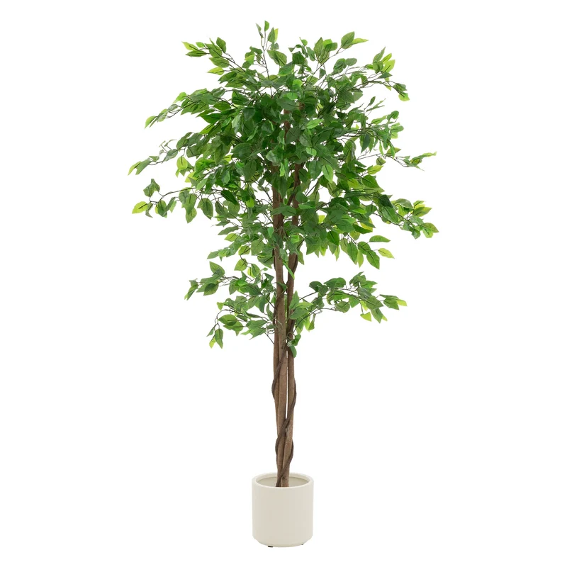 ML-Design | Künstlicher Ficus mit Naturholzstamm im Topf, aus Stoff, Holz, PP, Kunstpflanze
