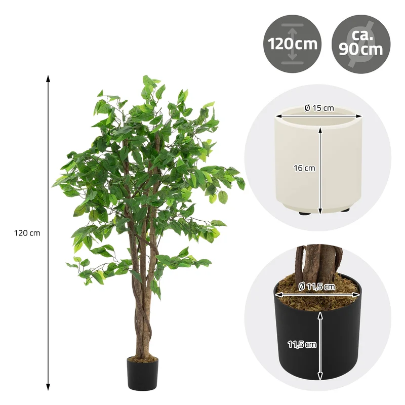 ML-Design | Künstlicher Ficus mit Naturholzstamm im Topf, aus Stoff, Holz, PP, Kunstpflanze