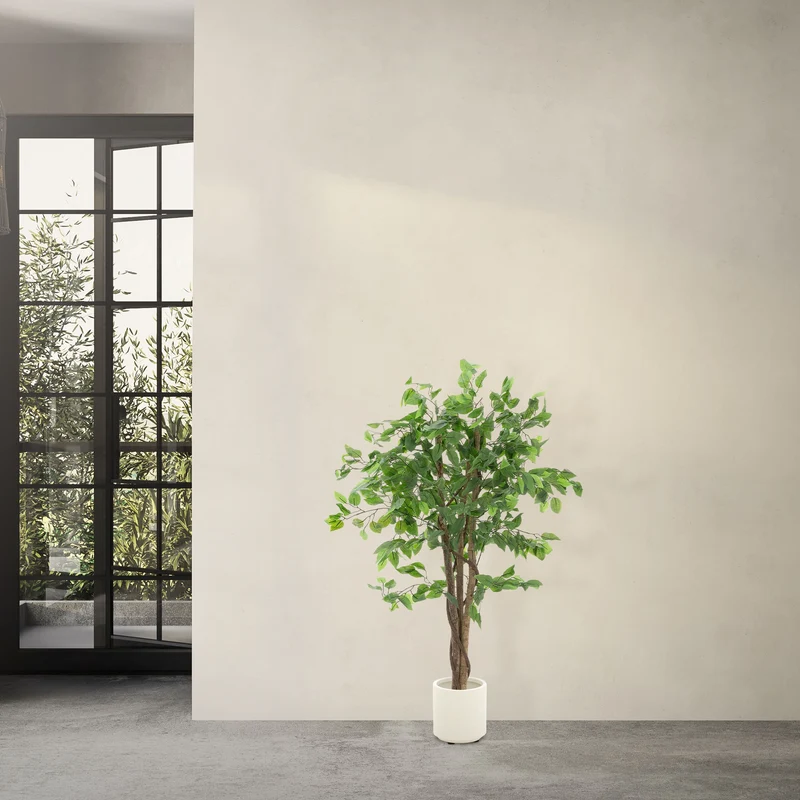 ML-Design | Künstlicher Ficus mit Naturholzstamm im Topf, aus Stoff, Holz, PP, Kunstpflanze