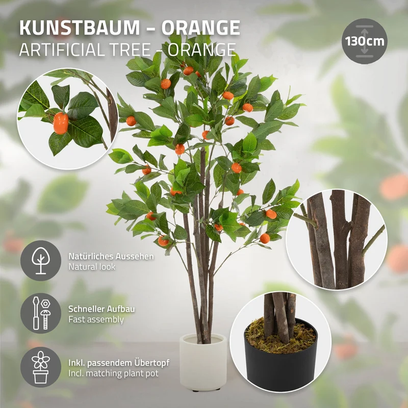 ML-Design | Künstlicher Orangenbaum im Topf mit Früchten, 130/160 cm, aus Kunststoff, PP, Stoff, Kunstpflanze