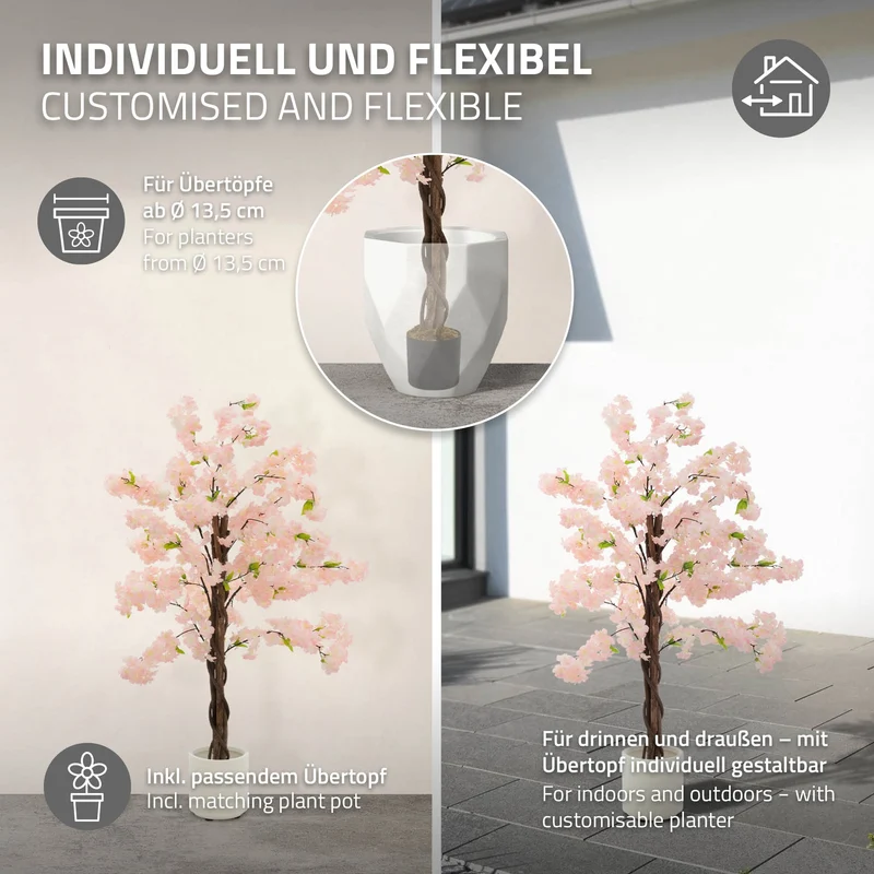 ML-Design | Künstlicher Kirschbaum mit Naturholzstamm im Topf, aus Stoff Holz PP, Kunstpflanze