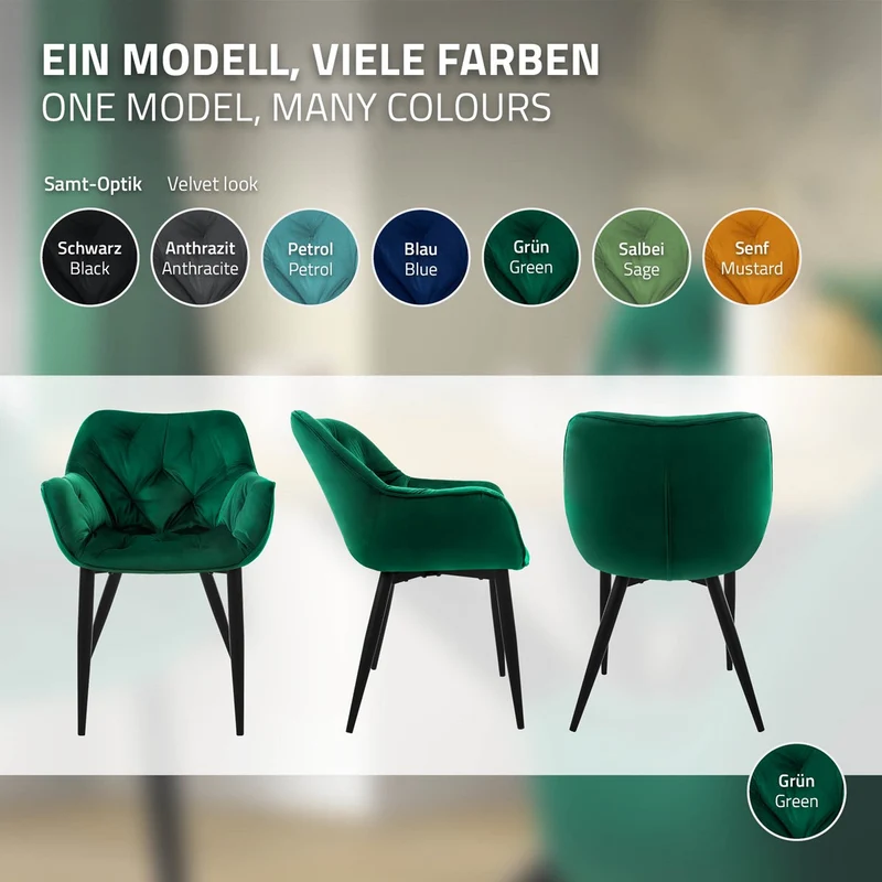 Esszimmerstuhl 6er Set Große Rauten Steppung mit Rücken- und Armlehnen Dunkelgrün Küchenstuhl mit Microfaser-Samtbezug ML-Design
