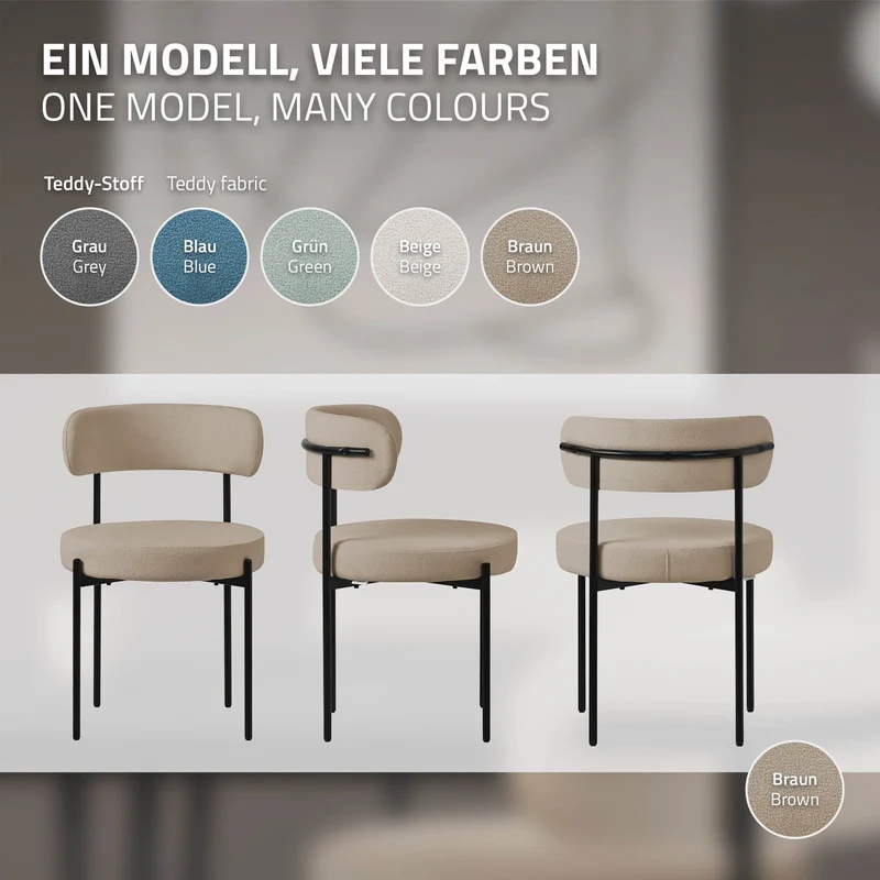 B-Ware Esszimmerstuhl 2er Set mit Teddystoff mit Rückenlehne Braun Küchenstuhl ML-Design