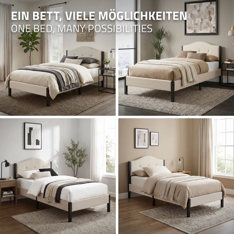 Polsterbett 90x200 cm mit Matratze H:10cm, Beige, Einzelbett mit stabilem Bettgestell, Bett mit gepolstertes Kopfteil & Lattenrost, Jugendbett ML-Design