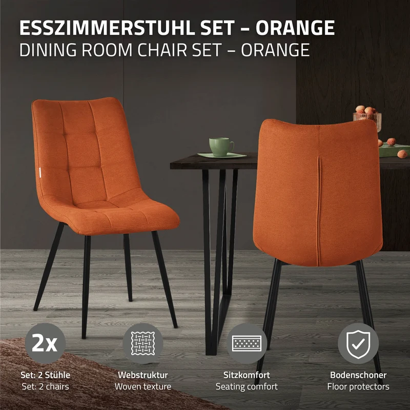 Esszimmerstühle 2er Set Orange Küchenstuhl mit Polyesterbezug und Stahlbeinen ML-Design