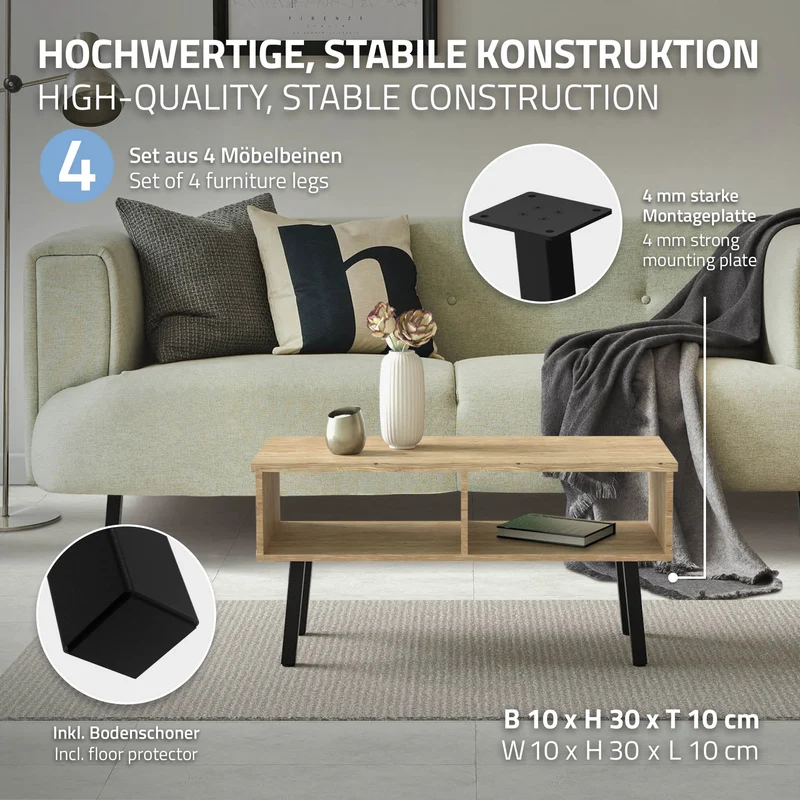 4er Set Tischbeine schräg H30 cm Schwarz glänzend aus pulverbeschichtetem Stahl eckig Profil 4x4 cm I-Form ML-Design