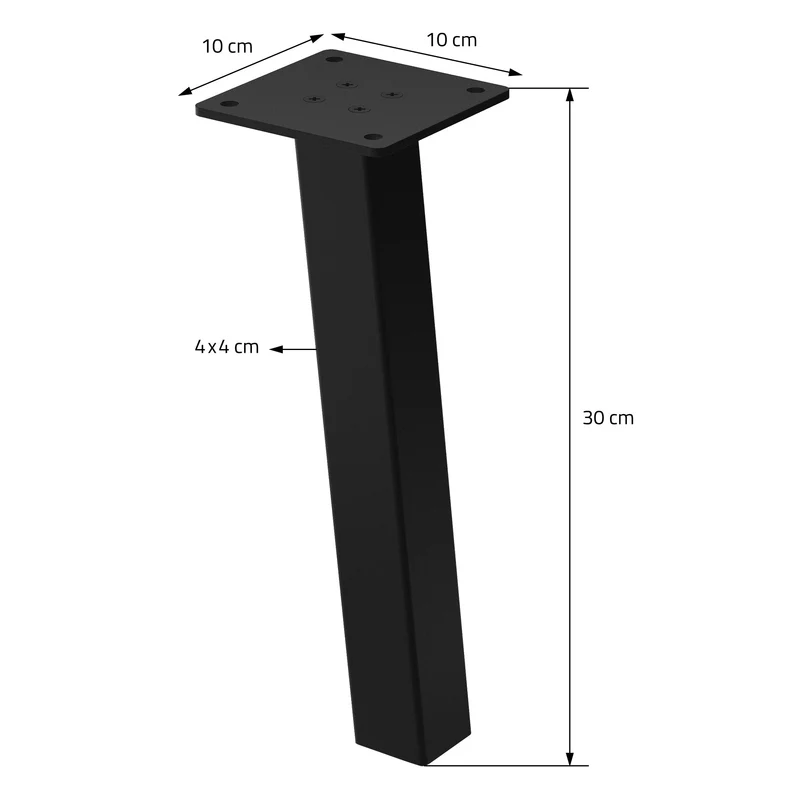 4er Set Tischbeine schräg H30 cm Schwarz glänzend aus pulverbeschichtetem Stahl eckig Profil 4x4 cm I-Form ML-Design